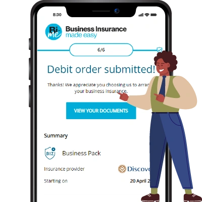 Illustration of a satisfied business owner receiving immediate insurance coverage confirmation.