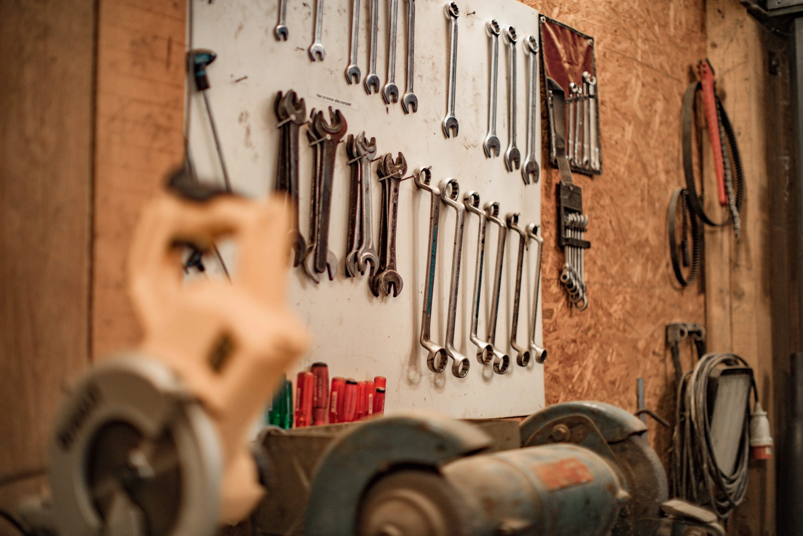A picture of a contractors workbench and his tools